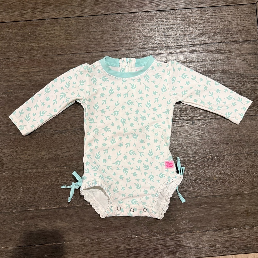 Ruffle Butts Mint Leaf Print Baby Swimsuit Size 6-12 Months